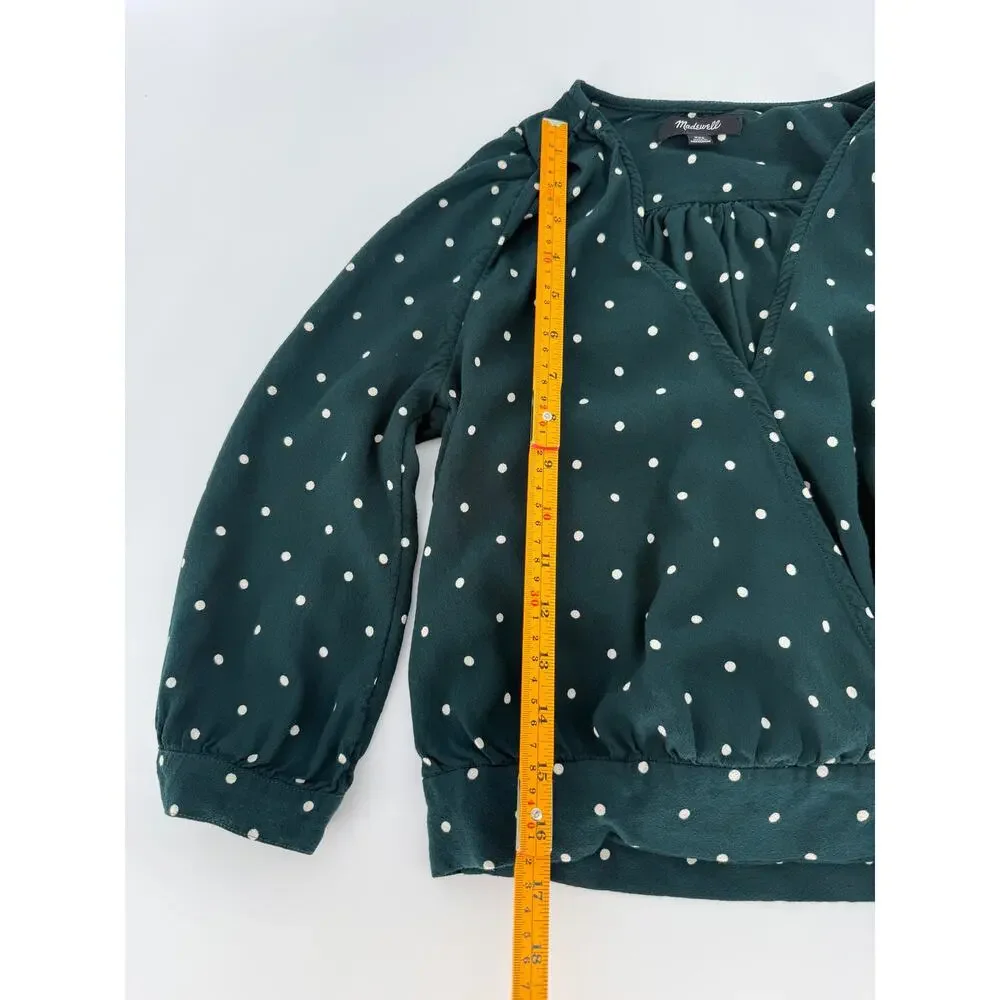 Madewell XXS Green Polka Dot Wrap Blouse Puff Sleeve Tie Waist Women’s Top